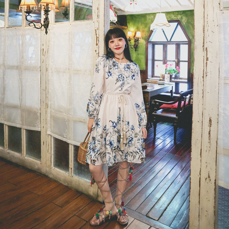 Coachella Music Festival Outfits Vintage Printed round Neck Long Sleeve Big Hem Dress