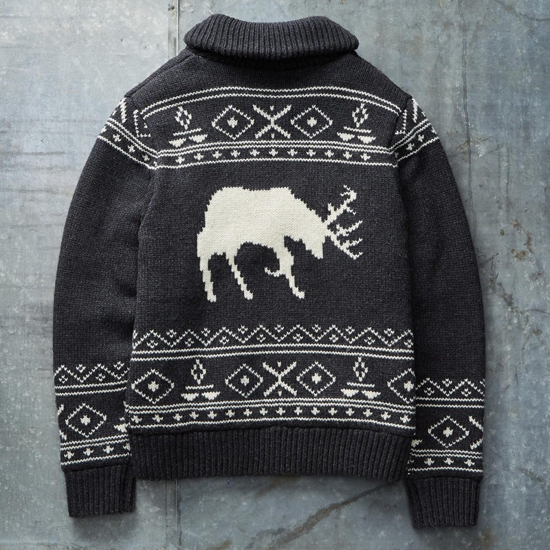 Baja Hoodie Deer Brocade Sweater Zipper Long Sleeve Knitted Coat