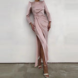 MIDI Mauve Cocktail Dress Women's Autumn and Winter Long Sleeve Split Dress Waist Dress