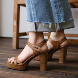 Platform Heels for Women Summer Chunky Heel Retro Brown Word Buckle High Heels