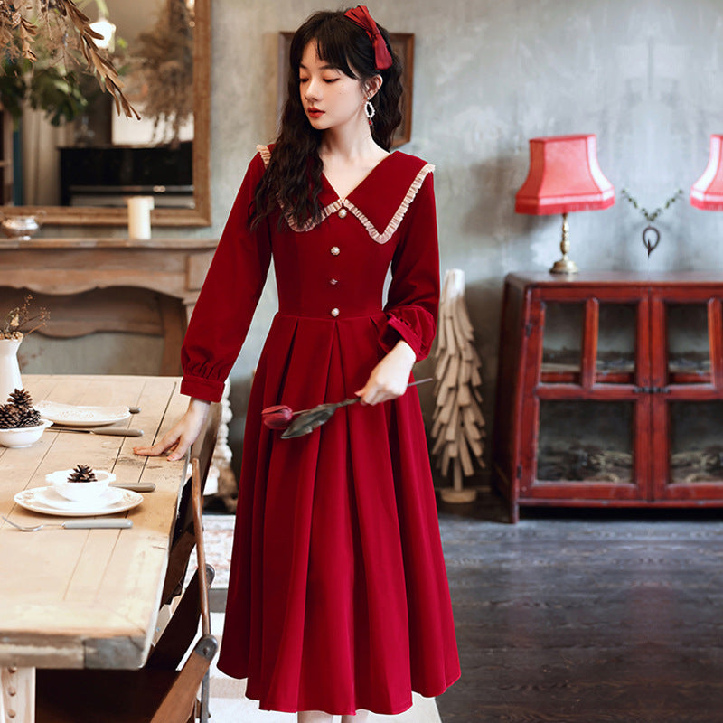 Long Sleeve Burgundy Dress Formal Autumn Red Long Sleeve Midi Dress