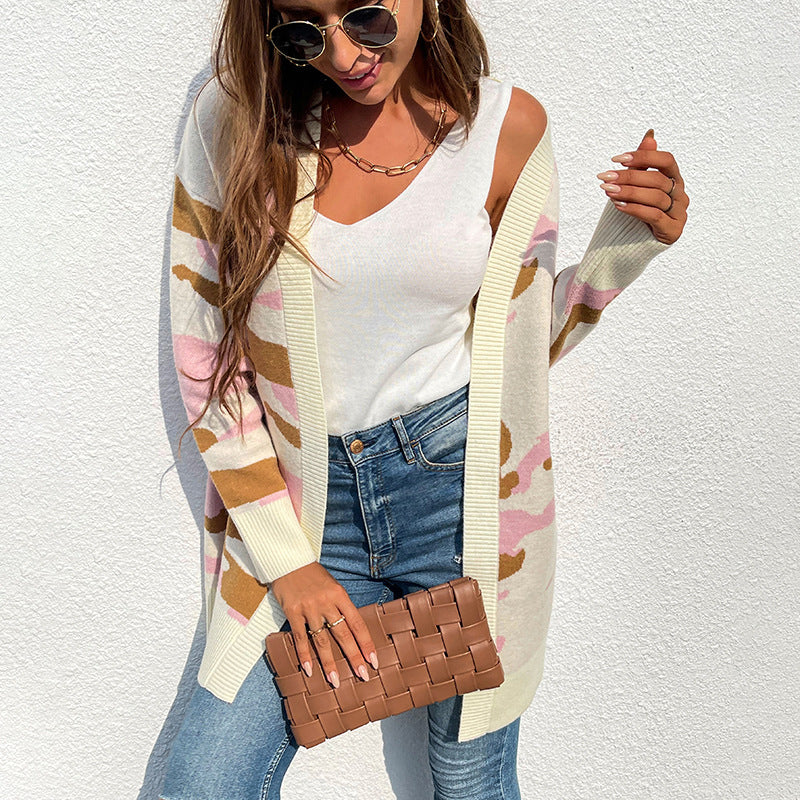 Women Cardigan Knit Sweater Drizzling Autumn and Winter Sweater Women's Long Camouflage Sweater Cardigan