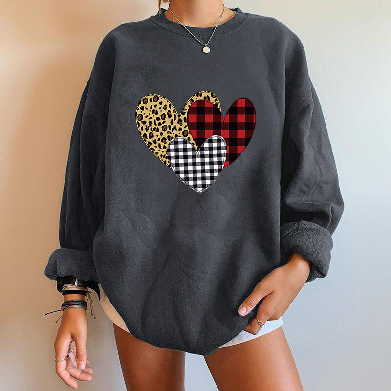 Valentine's Day T Shirts Couples Leopard Plaid Heart Printing Women's Loose Sweater
