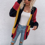 Women Cardigan Knit Sweater Irregular Block Stitching Contrast Color Cardigan