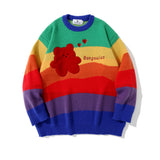 Men Sweater Bear Embroidery Rainbow Striped Knitwear Men's Pullover