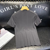 Men T-Shirts Vertical Stripes Solid Color round Neck Ice Silk