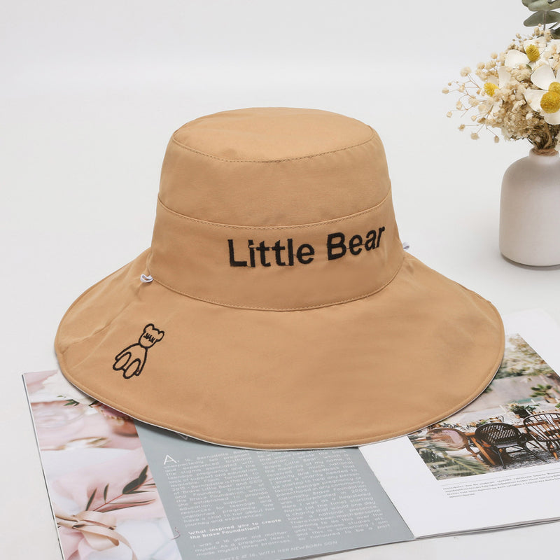 Women Bucket Hat Wide Brim Bear English Embroidery Sunshade