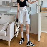 High Waisted Shorts White Wide Leg Pants Adjustable Iron Button Ripped Denim Shorts