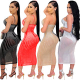 Skin Tight Long Dresses See-through Rhinestone Strap Dress