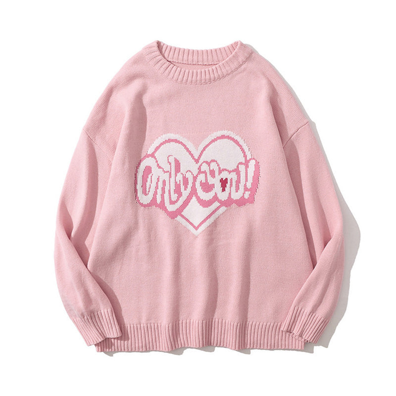 Men Sweater Heart Letter Jacquard Sweater Men's Round Neck Pullover
