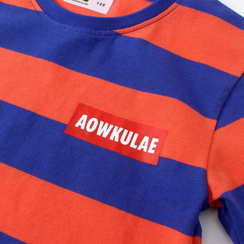 Children Long Sleeve Shirts Spring and Autumn Long-Sleeve T-shirt Middle and Big Children round Neck Stripes