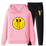 Vlone Hoodie & Pants 2 Piece Set Men'S Clothing Spring And Autumn Print Loose