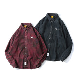 Man Fall Outfis Retro Small Plaid Overalls Long Sleeve Shirt Men and Women Street Loose BF Shirt Coat