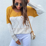 Women Pullover Knit Sweater Autumn Hollow Sweater Striped Color Matching Sweater for Women