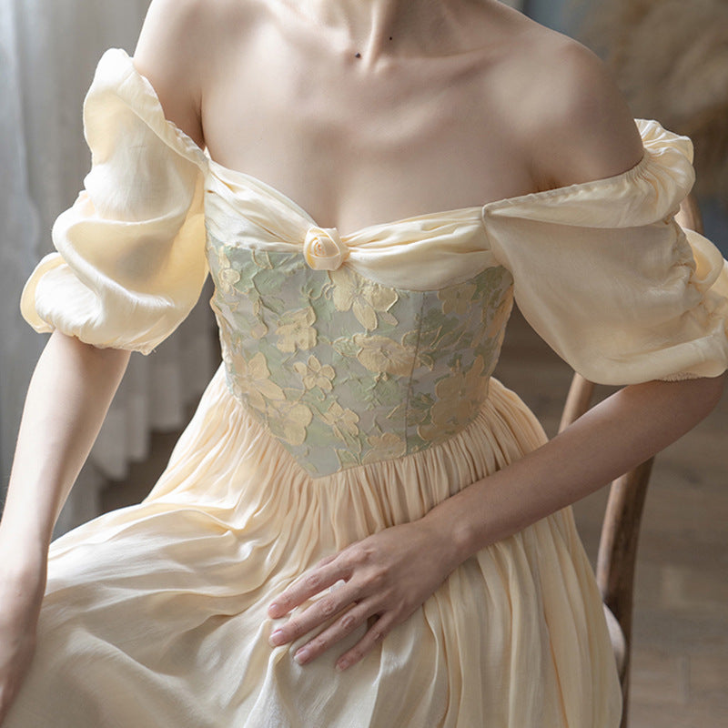 Regency Dress Square Collar Satin Jacquard Dress