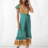 Gypsy Style Dresses Green Temperament Long Dress Slimming Printed