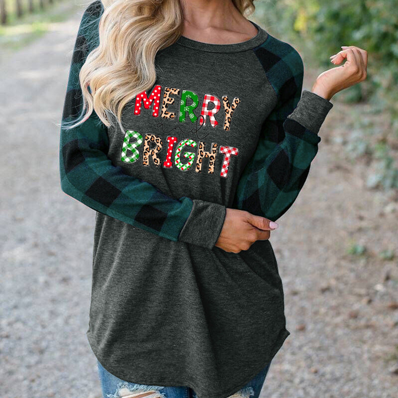 Merry and Bright Sweatshirts Merry and Bright Printed Contrast Color Stitching Long Sleeve T-shirt