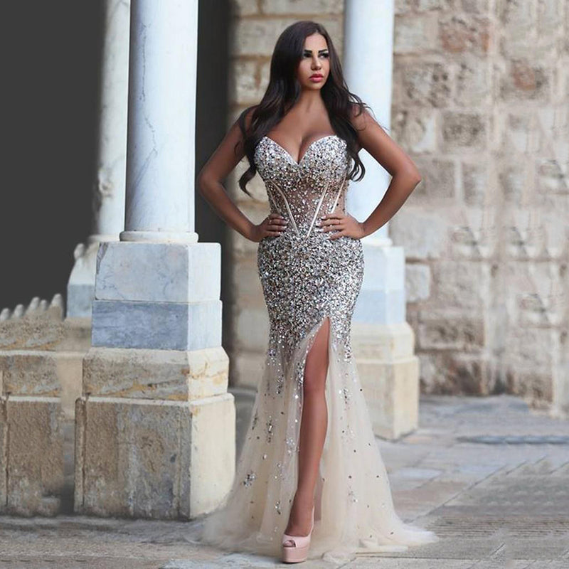 Long Homecoming Dresses Sequined Fishtail V-neck Banquet Evening Dress