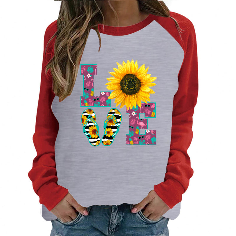 Valentine's Day T Shirt Autumn Love Sunflower Printed round Neck Long Sleeve
