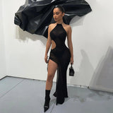 Kendall Jenner Wedding Guest Dress Halter Cut-out Sexy Sheer Mesh Backless Slit