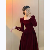 Maxi Burgundy Dress Formal Women's Autumn and Winter Square Collar Midi Dress Base Skirt