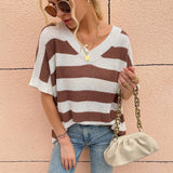 Women Pullover Knit Sweater Women's Autumn V-neck Striped Short Sleeve Sweater