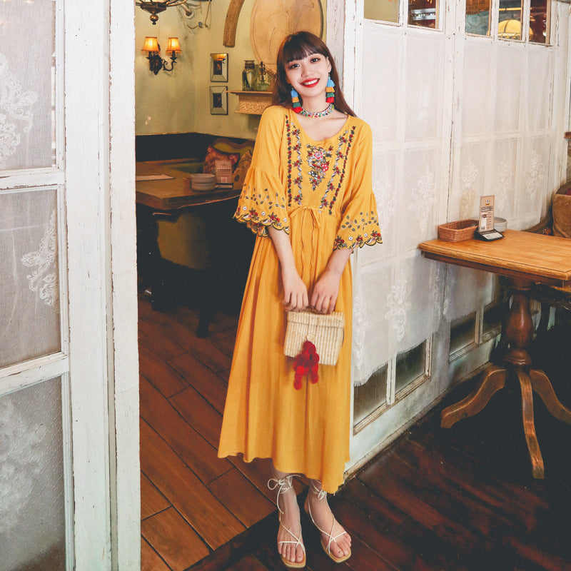 Coachella Music Festival Outfits Embroidered Cotton Linen Loose Vacation Waist Dress