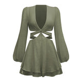 Coachella Music Festival Outfits Fashion Solid Color Women's Clothing Hollow Sexy Deep V-neck Lantern Sleeves