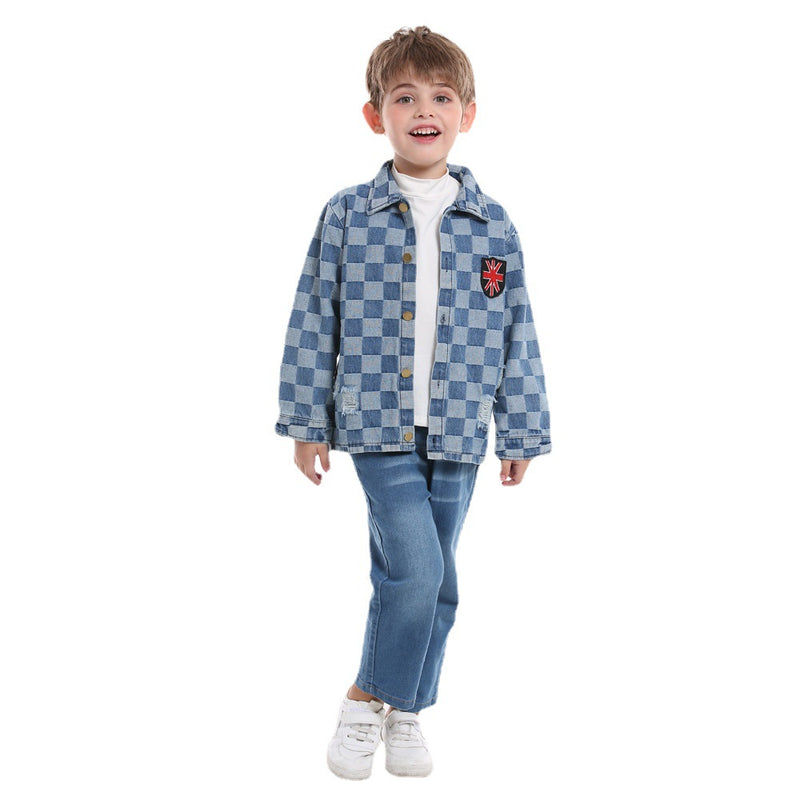 Children Jean Jackets Fall Lapels Checkerboard Denim Jacket