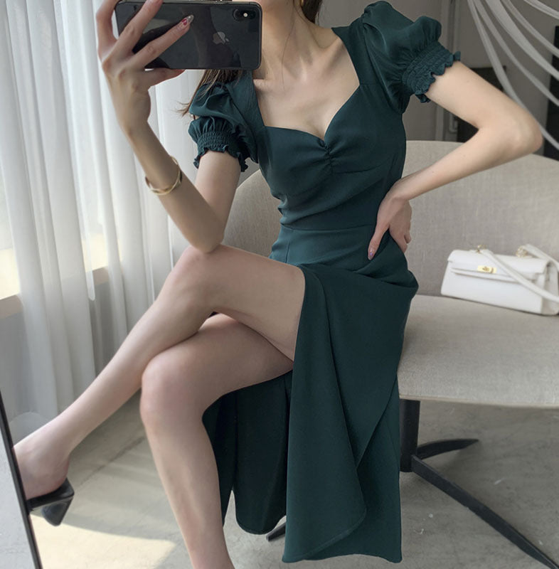 Emerald Green Dress Bubble Sleeve Square Collar Split Dress