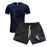Vlone T Shirts & Shorts 2 Piece Set Men'S Short Sleeve Sports Beach Shorts Round Neck T-Shirt