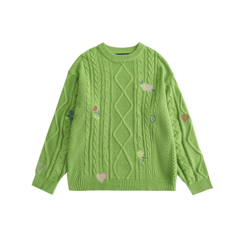Men Sweater Flower Embroidered Knitted Sweater Men's Street Trend Loose round Neck Sweater
