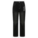 Julia Fox Low Rise Jeans Wings Printing Straight Jeans Hot Girl Low Waist All-Match Slimming Casual Pants