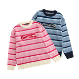 Men Sweater Embroidered Letter Patch Striped Sweater Men's Loose round Neck Pullover