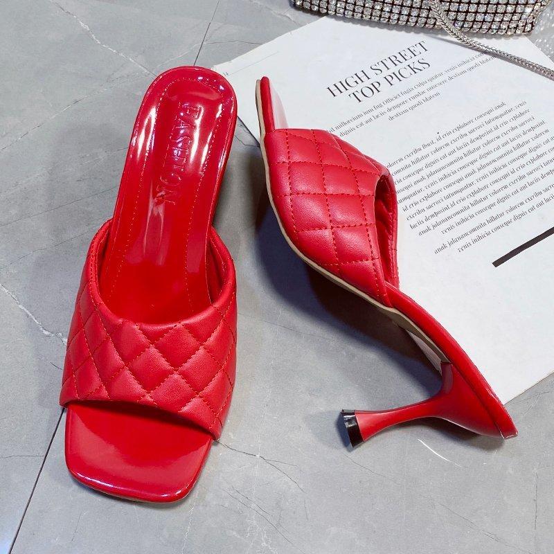 High Heels Slides Diamond Square Toe Open Toe High Heel Slippers