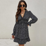 Coachella Music Festival Outfits Ruffles V-neck Floral Cake Dress Long Sleeve Women plus Size