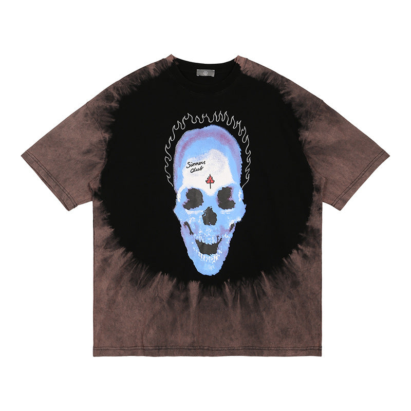 Skull Apparel Tie-Dyed Skull Print Loose round Neck Short Sleeve