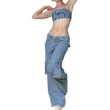 Julia Fox Low Rise Jeans Distressed Blue Line Split Low Waist Drawstring Loose Pockets Stitching Casual Trousers