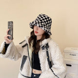 Vintage Check Bucket Hat Lamb Wool Bucket Hat