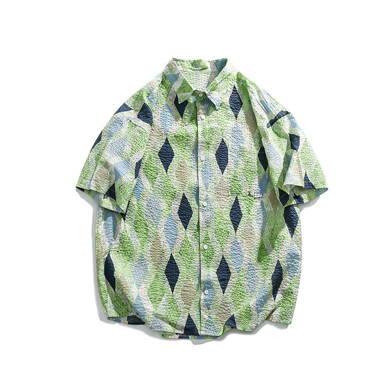 Men T Shitrs Diamond Lattice Color Matching Printing Lapel
