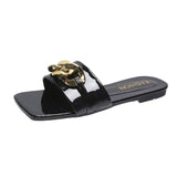 Women Open Toe Sands Flats Summer Metal Flat Ankle-Strap Sandals Fashion Flat-Heeled Slippers