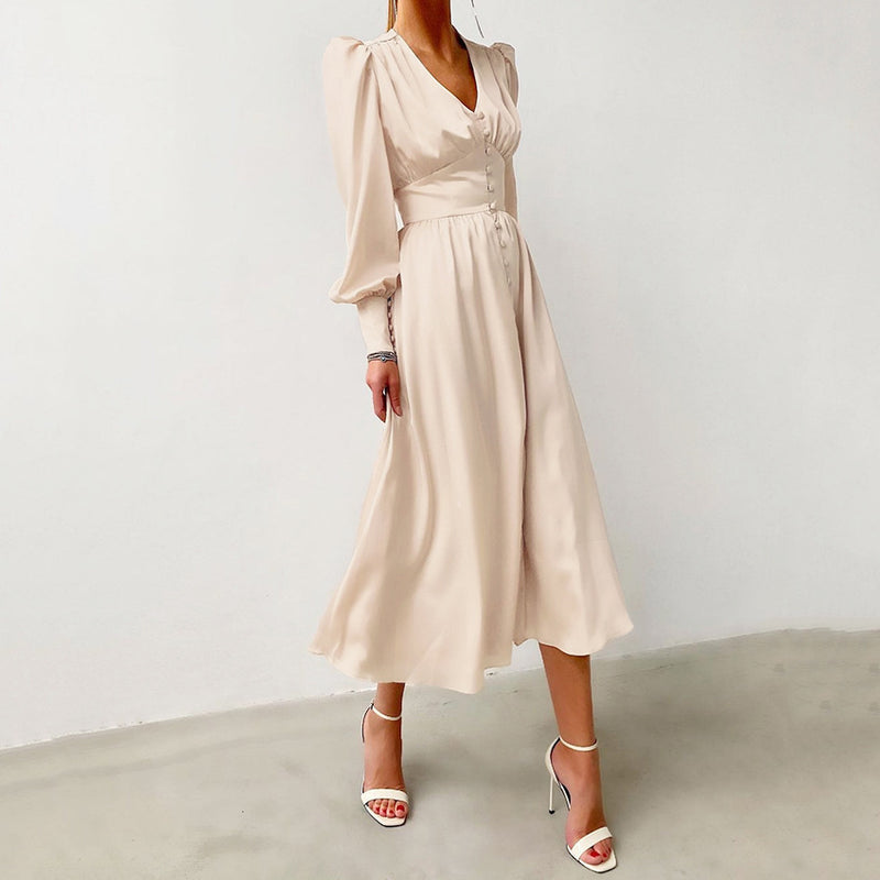 Taffeta Dress Satin Dress Lantern Sleeve Waist-Tight Elegant Slim-Fit Dress
