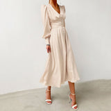 Taffeta Dress Satin Dress Lantern Sleeve Waist-Tight Elegant Slim-Fit Dress