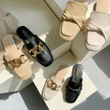 Finn Chain Pointed Toe Mule Closed Toe Half Slippers Women's Summer Outdoor Casual Square Toe Flat Bottom Lazy Half Slippers