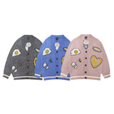 Men Sweater Cartoon Embroidery Color Matching Sweater Coat Men's Loose V-neck Cardigan Sweater