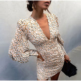 Coachella Music Festival Outfits Printed V-neck Long Sleeve Narrow Tight Skirt