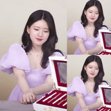 MIDI Mauve Wrap Dress Purple Puff Sleeve Pettiskirt Square Collar Dress Summer