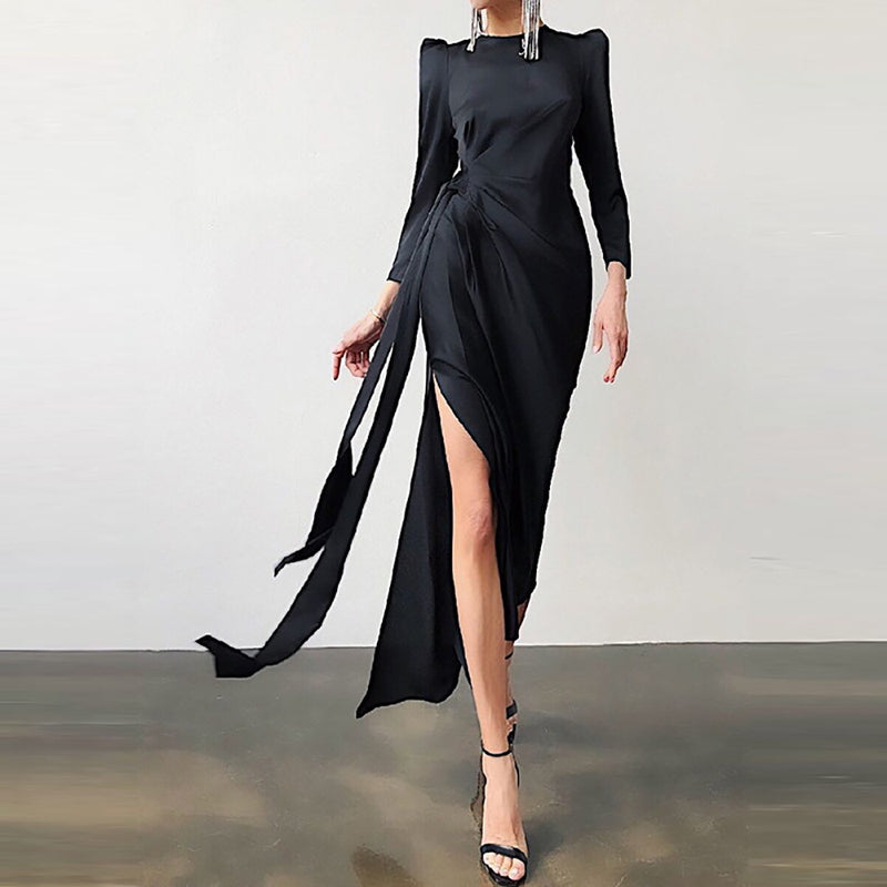 MIDI Mauve Cocktail Dress Women's Autumn and Winter Long Sleeve Split Dress Waist Dress
