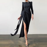 MIDI Mauve Cocktail Dress Women's Autumn and Winter Long Sleeve Split Dress Waist Dress