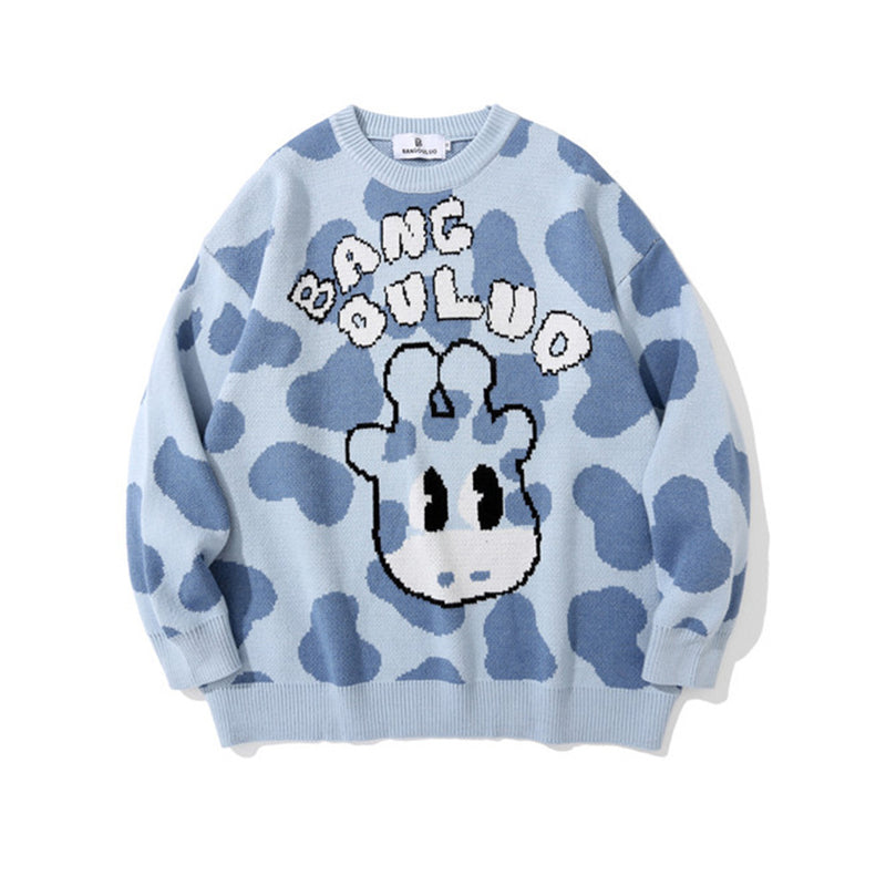 Men Sweater Cartoon Giraffe Brocade Sweater Men Loose Crew Neck Top
